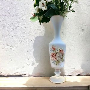 Vintage White Frosted Floral Bud Vase w/ Clear Frosted Foot